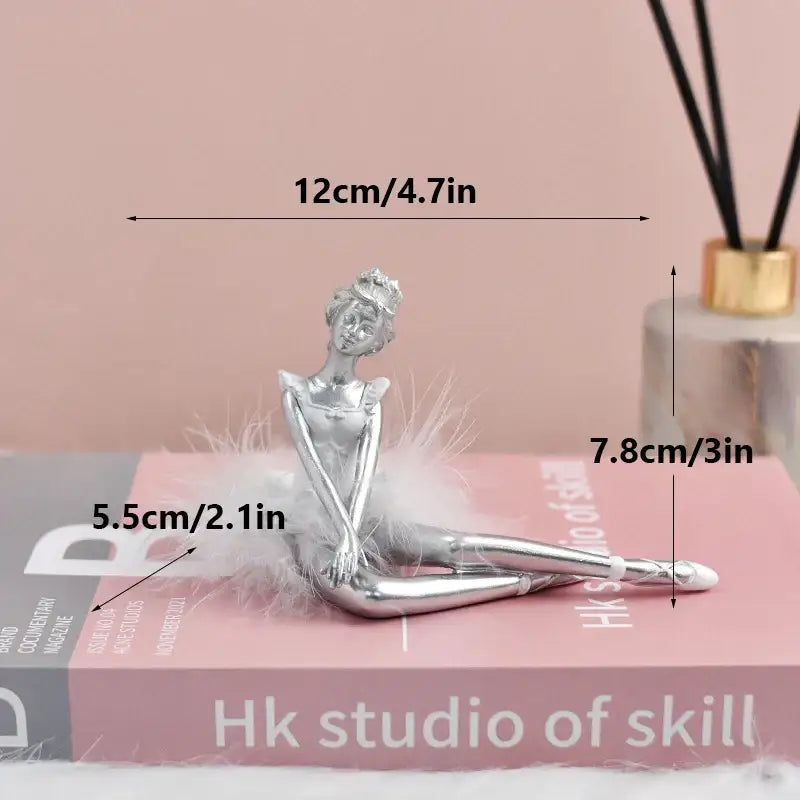 Silver ballet girl resin figurine seated with feathered skirt elegant desktop decor for bedroom or office display