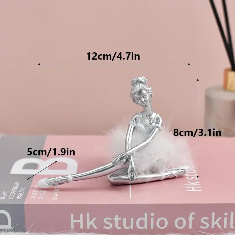 Silver ballet girl resin figurine with glossy finish and soft white feather base for bedroom desktop decor