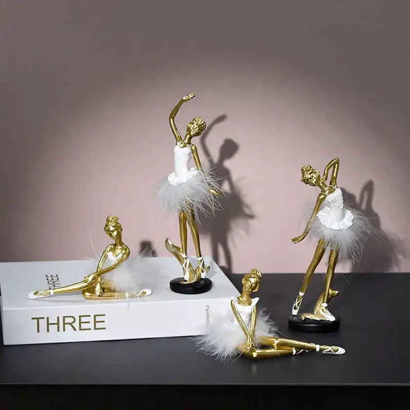 Golden and white ballet girl resin figurine with tutu and feather accents for bedroom desktop decor