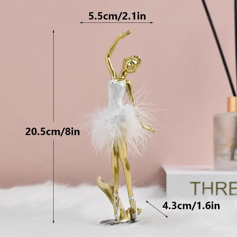 Silver ballet girl resin figurine with delicate white feathered tutu and polished metallic finish for desktop decor
