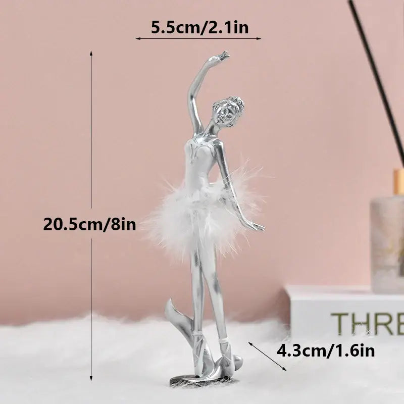 Silver ballet girl resin figurine with delicate white feathered tutu and polished metallic finish for desktop decor