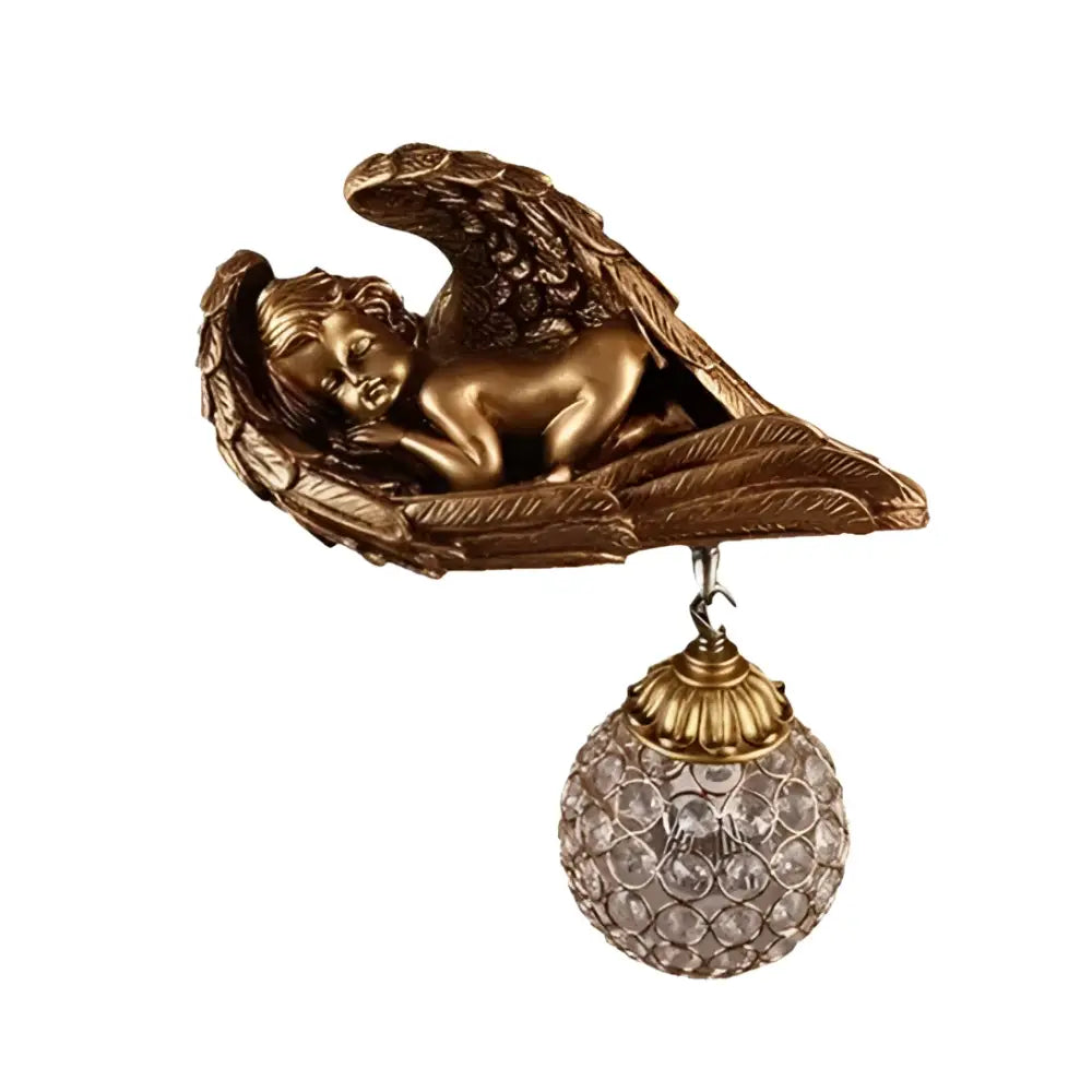 Golden angel wing wall lamp with crystal globe pendant designed for elegant living room lighting and decor