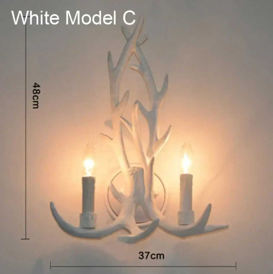 White antler-style wall lamp with two candle-like bulbs for living room decorbites deer horn wall sconce