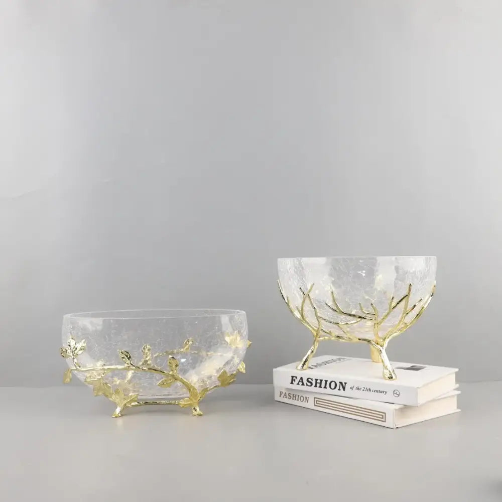 Transparent glass fruit plate with gold-toned antler branch and leaf embellishments for dining room centerpiece
