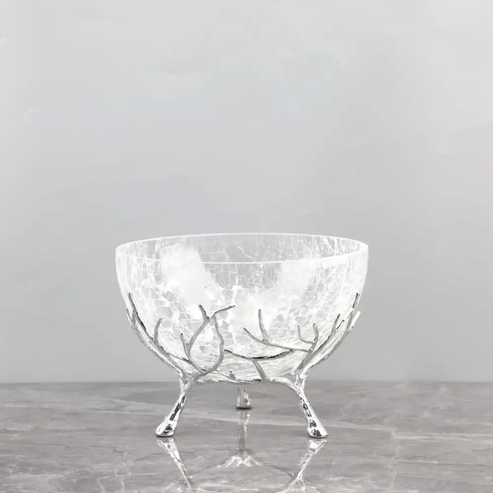 Clear crackled glass fruit plate with silver antler feet ideal as a glass fruit plate dining room centerpiece bowl