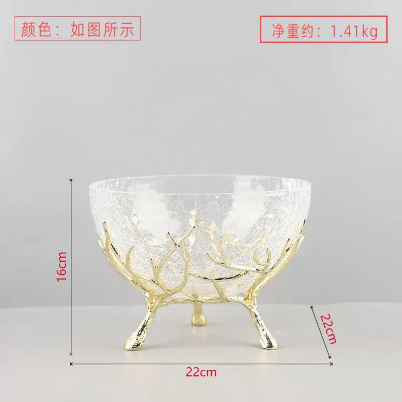 Clear textured glass fruit plate with a gold antler metal base for elegant dining room centerpiece use