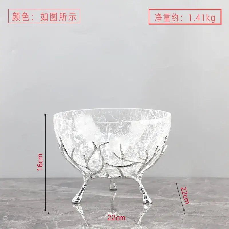 Clear crackled glass fruit plate with silver metallic antler base and three legs for dining room centerpiece use