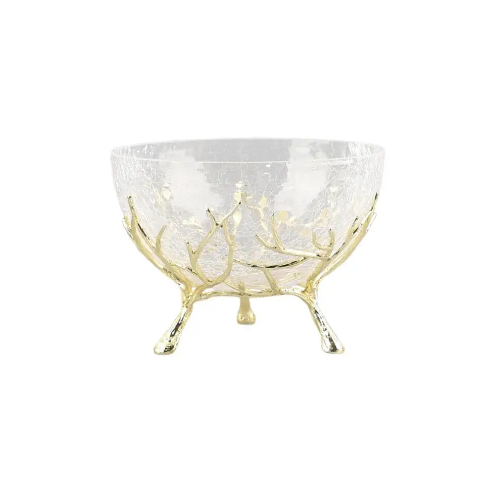 Clear textured glass fruit plate with gold-toned antler metal base for elegant dining room centerpiece use