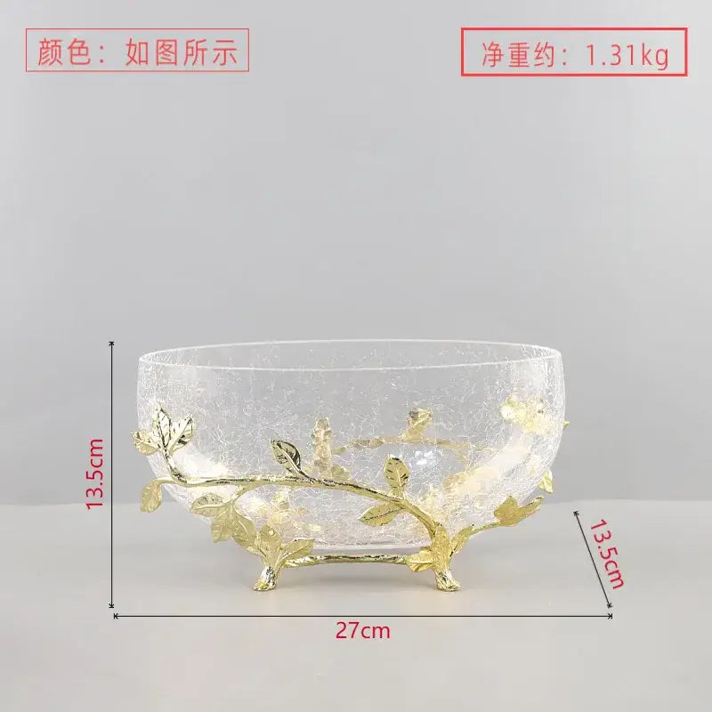 Clear crackled glass fruit plate with gold leaf and branch detailing designed as a dining room centerpiece bowl