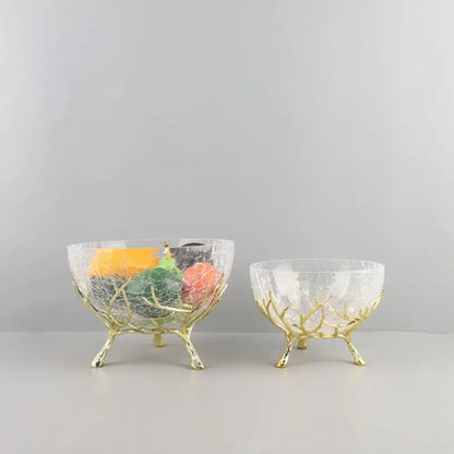 Gold-toned antler glass fruit plate with crackled clear glass interior for dining room centerpiece bowl
