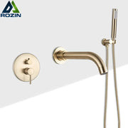 Gold-toned decorbites golden bathtub faucet with hand shower wall mount rotating spout and flexible hose for bathroom use