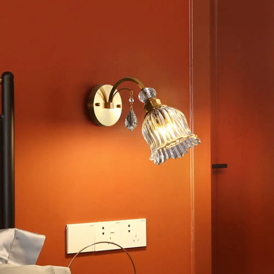 DecorBites™ Golden Beveled Crystal Flower Wall Sconce with Simplicity Design and 1-Bulb Lighting - Perfect for Living Room Mounting