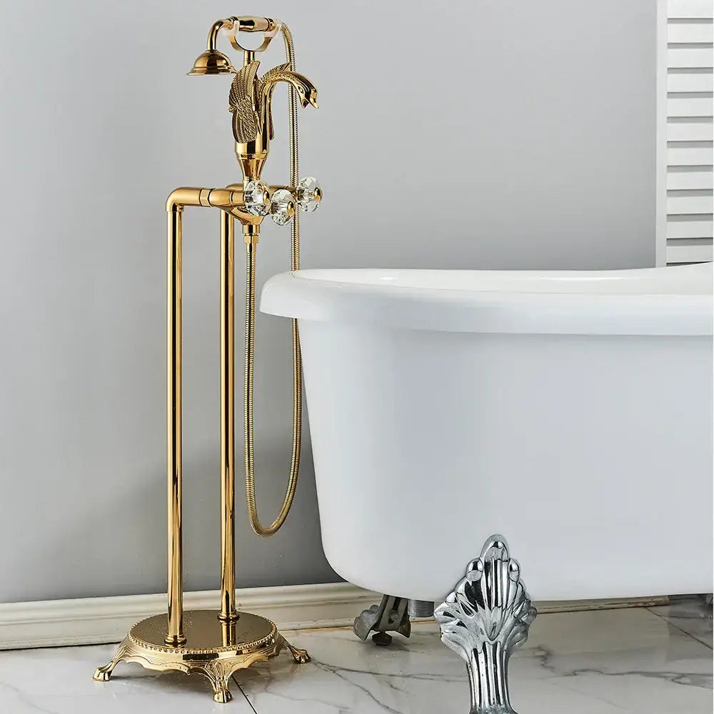 Golden bird freestanding bathtub faucet in golden brass with ornate bird spout and crystal handles for bathroom decorbites golden bird