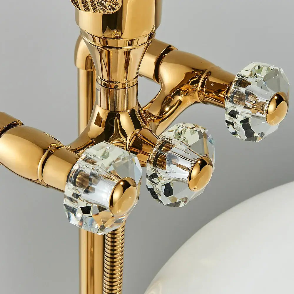 Golden bird freestanding bathtub faucet in gold finish with faceted crystal knobs from decorbites golden bird collection