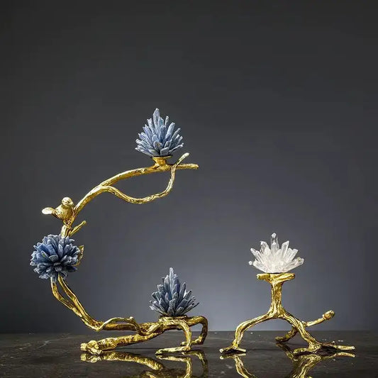 Golden bird metal branch sculpture with blue and clear crystal flowers for living room decor