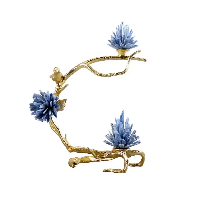 Golden bird metal branch sculpture with three blue spiky crystal flowers for living room decor metal branch candle holder