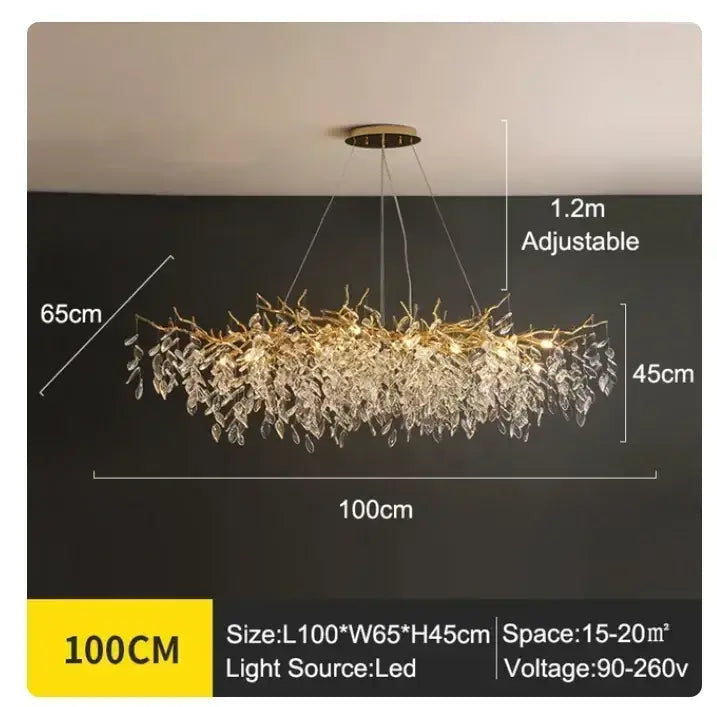 Golden branch ceiling chandelier decorbites with leafy gold design and crystal leaves, adjustable 1.2m hanging length for living room