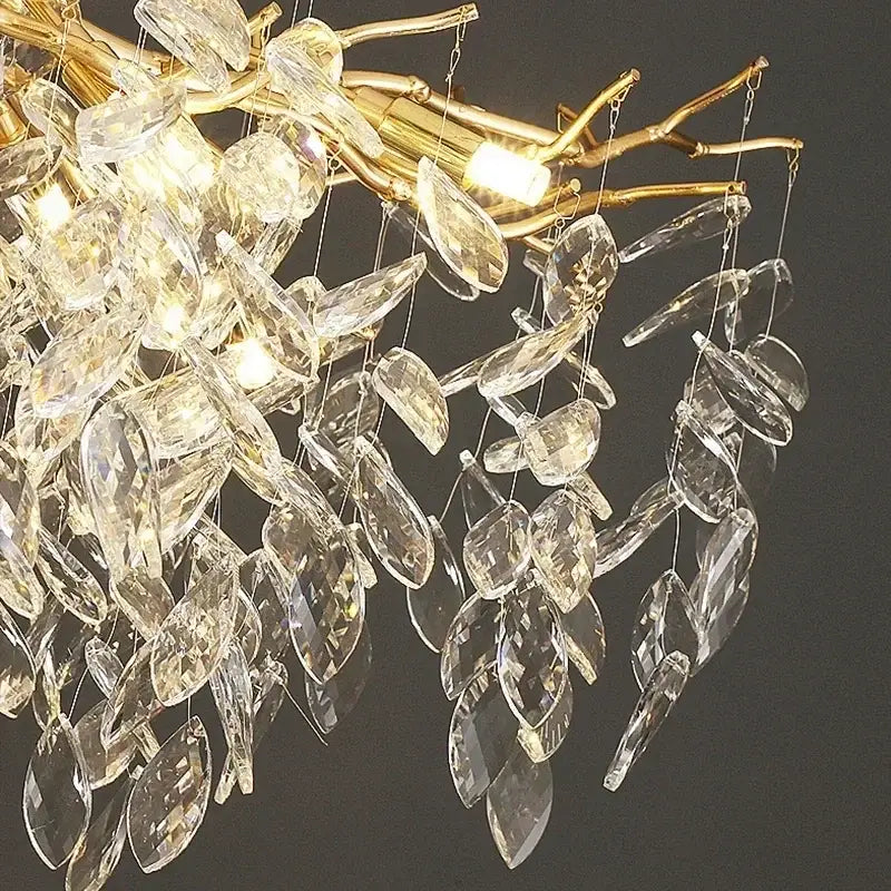 Elegant gold-toned decorbites golden branch ceiling chandelier with cascading crystal leaves for living room decor