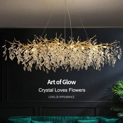 Golden branch ceiling chandelier with clear crystal leaves emitting warm glow for living room decorbites golden branch