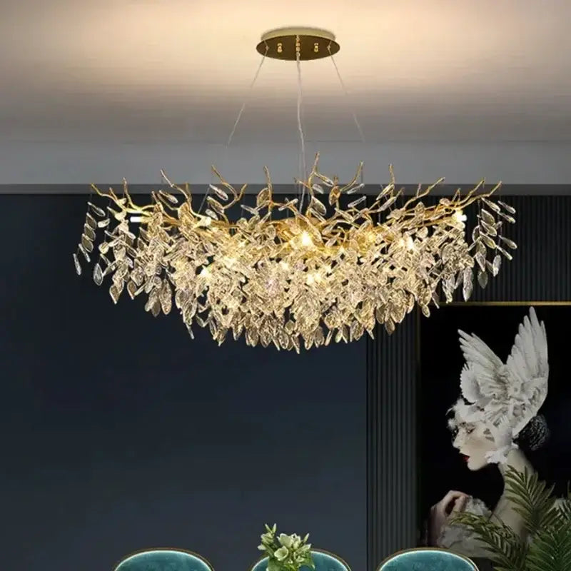 Golden branch ceiling chandelier featuring golden leaf-shaped design with dangling crystal droplets for living room decorbites golden branch