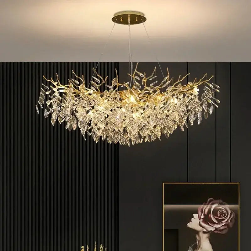 Golden branch ceiling chandelier with golden leaf shapes and clear crystal accents for living room decorbites golden branch