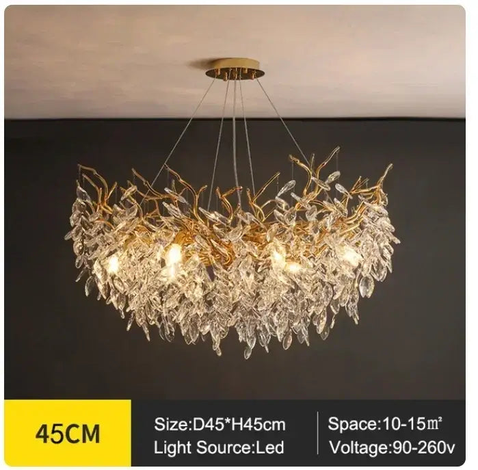 Golden branch ceiling chandelier with leaf-shaped golden frame and clear crystal droplets for living room decorbites golden branch