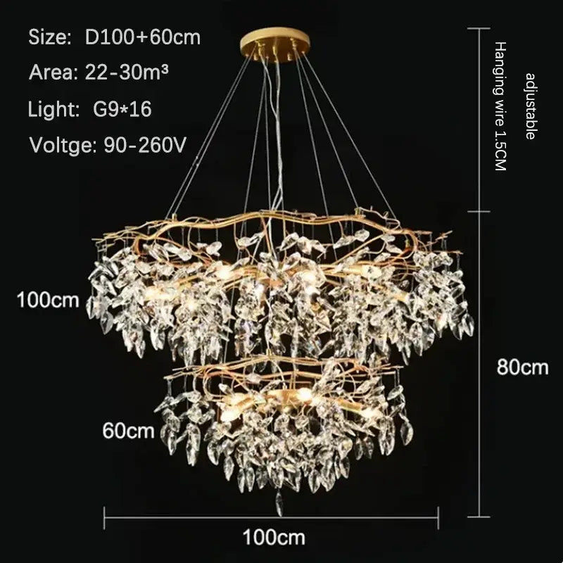 Golden branch crystal chandelier with gold-toned cascading crystal leaves and circular brass base for living room decorbites golden branch ceiling
