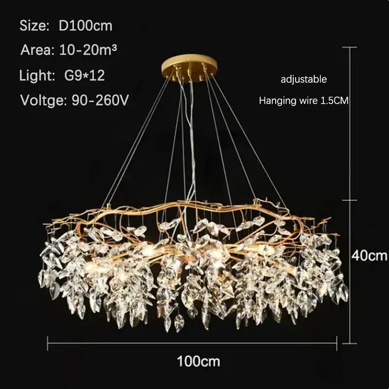 Golden branch crystal chandelier with gold-toned intricate leaf design and 12 g9 bulbs for living room decorbites golden branch