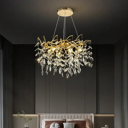 Golden branch crystal chandelier with gold-toned intricate arms and dangling crystal leaves for living room decorbites golden branch ceiling