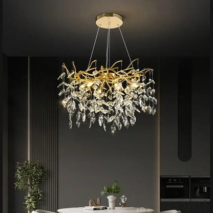 Golden branch crystal chandelier with intricate gold-toned arms and dangling crystal leaves for living room decorbites golden branch ceiling
