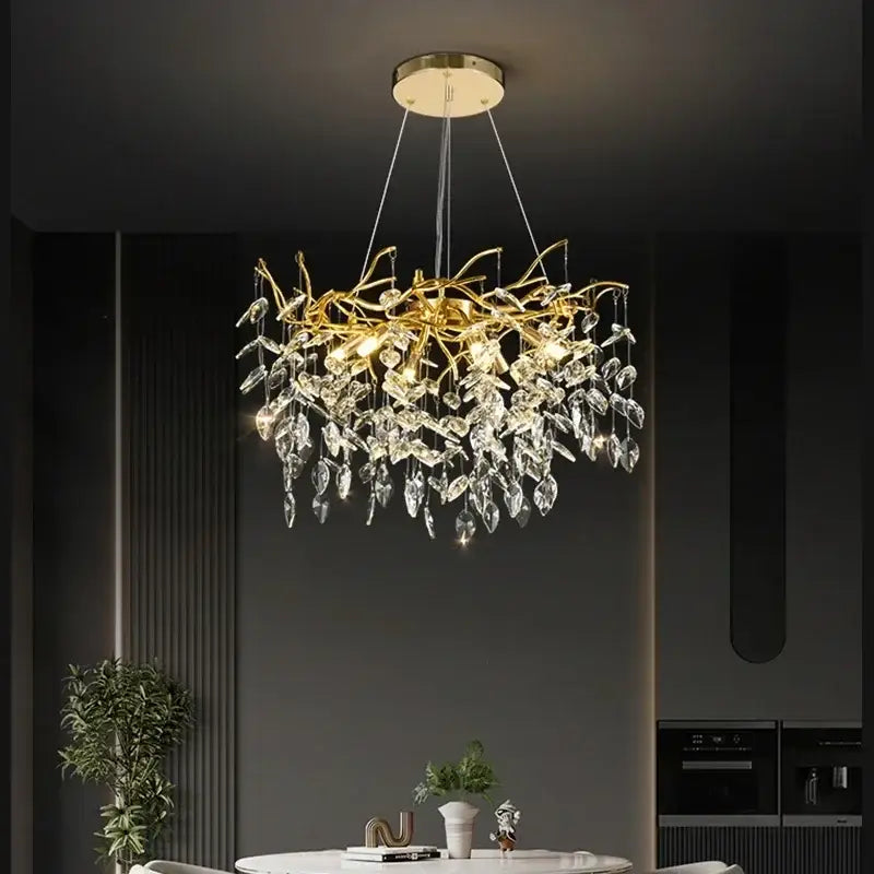 Golden branch crystal chandelier with intricate gold-toned arms and dangling crystal leaves for living room decorbites golden branch ceiling