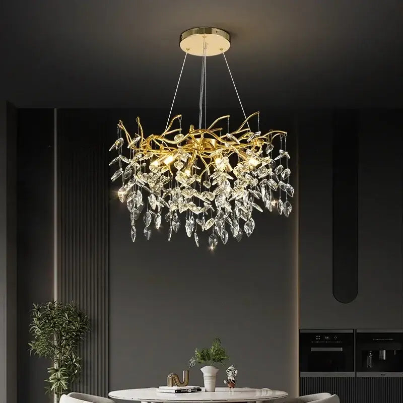 Golden branch crystal chandelier with intricate gold-toned arms and teardrop pendants perfect for living room decorbites golden branch ceiling