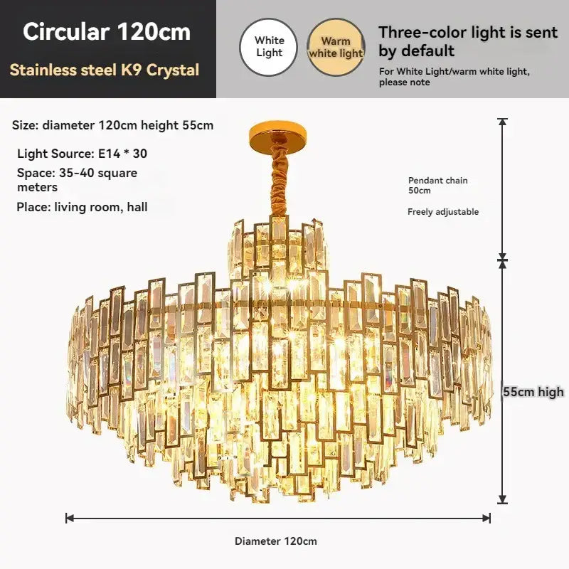 A glamourous golden branch crystal chandelier with stainless steel k9 crystals and warm white light for living room decor