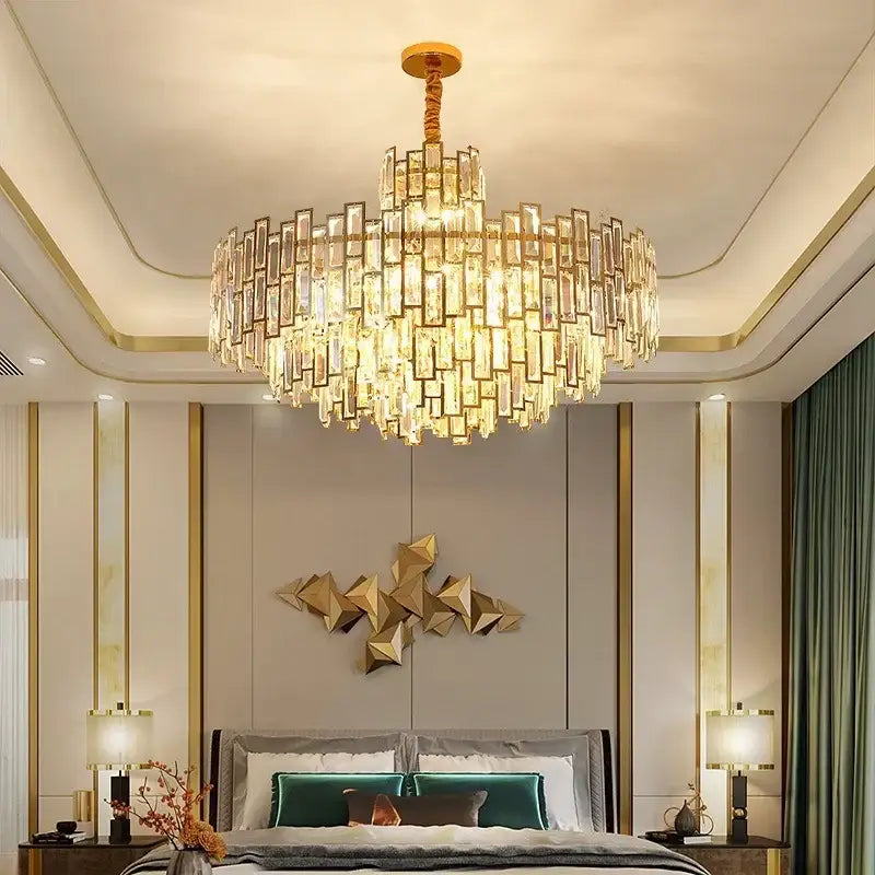 Luxurious gold-toned decorbites golden branch crystal chandelier with cascading rectangular glass panels for living room decor