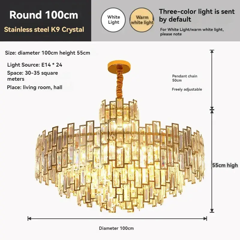 Golden branch crystal round chandelier 100cm diameter stainless steel k9 crystal warm white light decorbites golden branch