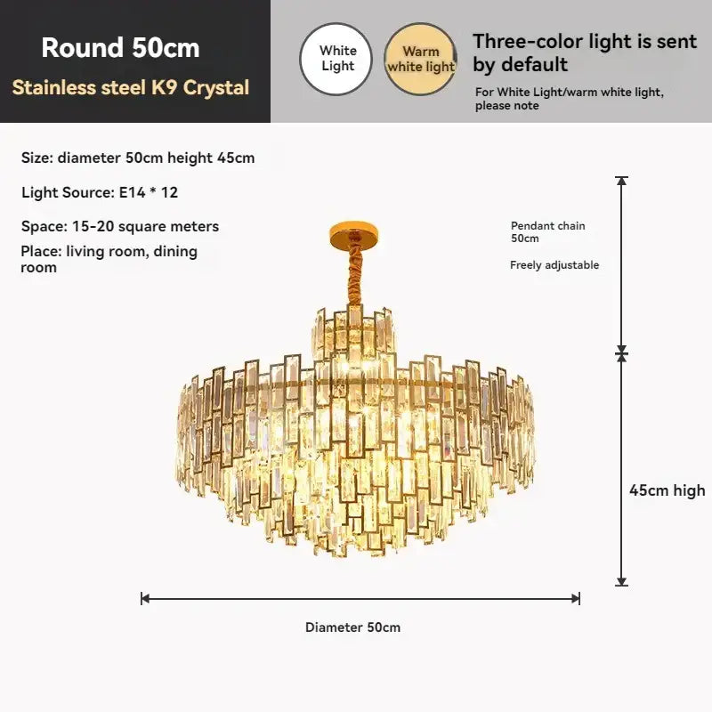 Golden branch crystal chandelier 50cm round stainless steel k9 crystals warm white light adjustable chain decorbites golden branch