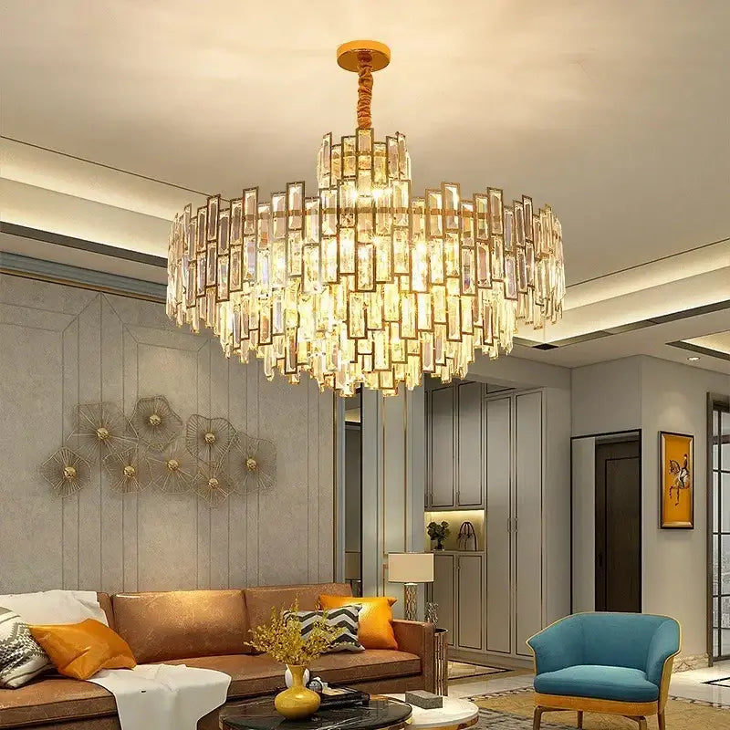 Golden branch crystal chandelier with cascading rectangular crystal prisms in golden tone for living room decorbites
