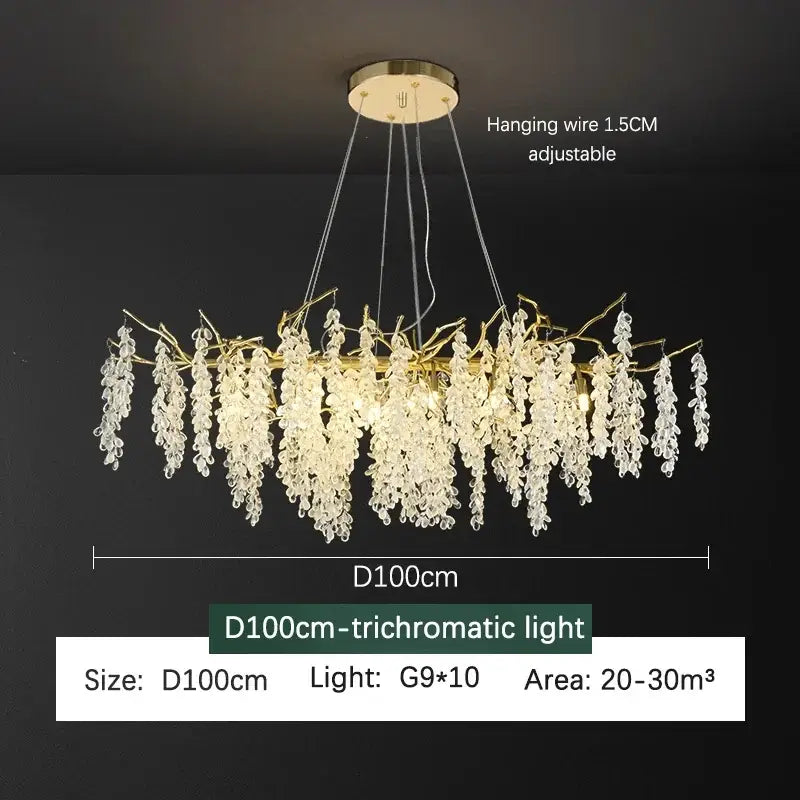A 100cm decorbites golden branch crystal chandelier with clear crystal droplets and trichromatic lighting for living room decor