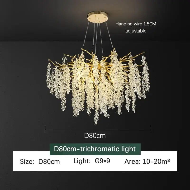 Elegant decorbites golden branch crystal chandelier with cascading gold-toned wisteria-like crystal droplets for living room