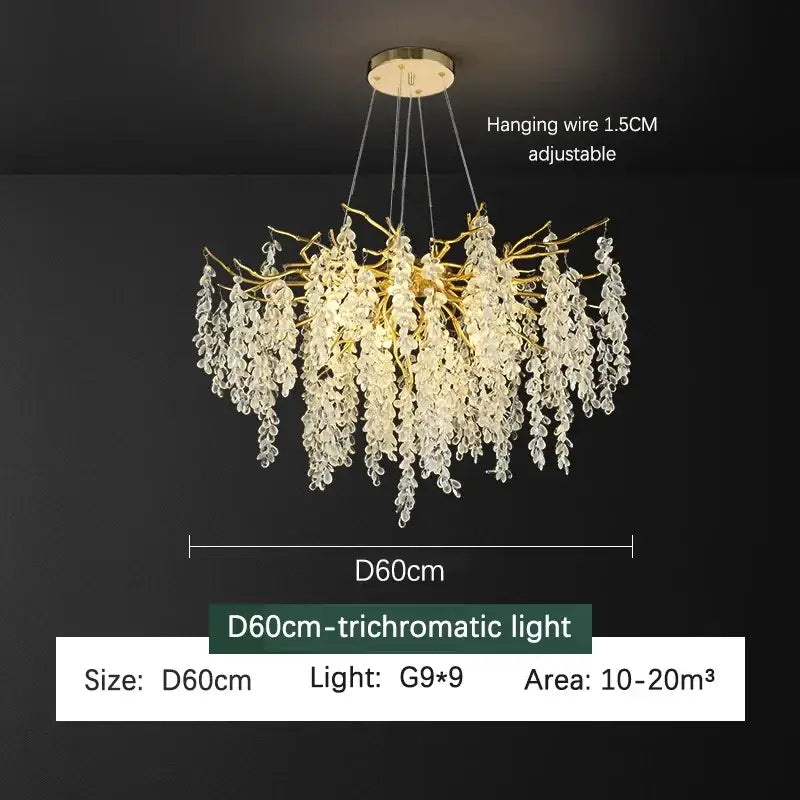 Golden branch crystal chandelier with gold-toned frame and cascading clear crystal droplets for living room decorbites golden branch