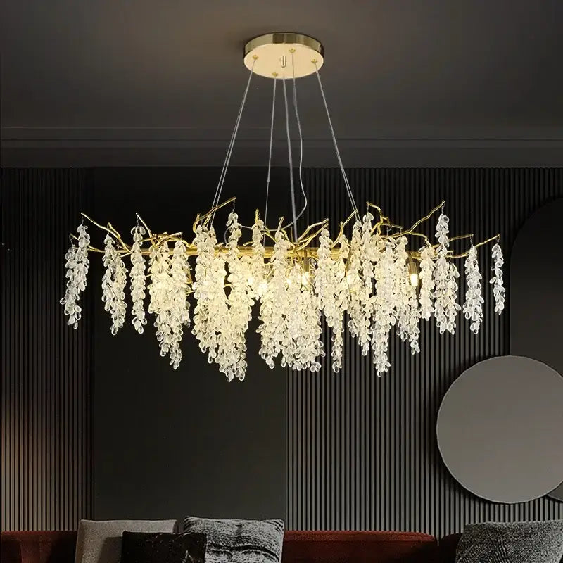 Modern decorbites golden branch crystal chandelier with golden metal frame and cascading clear crystal droplets for living room