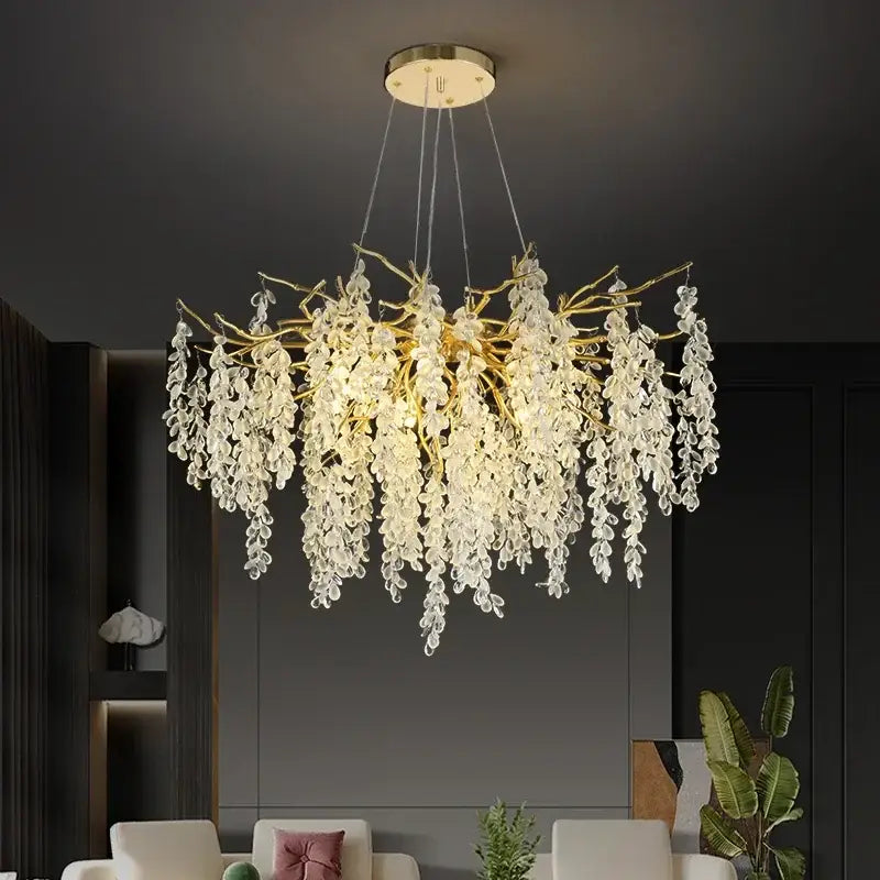 Decorbites golden branch crystal chandelier with cascading clear crystal droplets for living room grapevine light decor