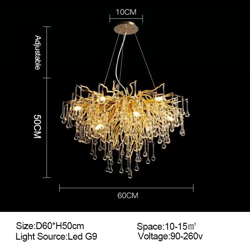 Golden branch crystal chandelier with gold-toned branching arms and intricate glass droplets for living room luxury lighting