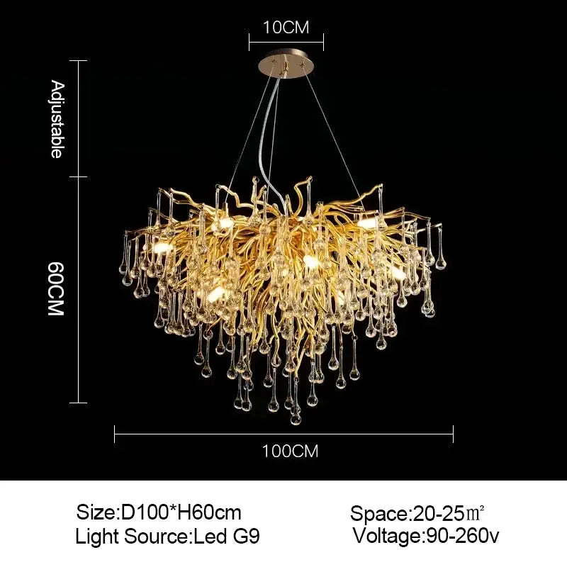 Gold-toned crystal chandelier with intricate branching glass arms and teardrop crystals for living room luxury lighting