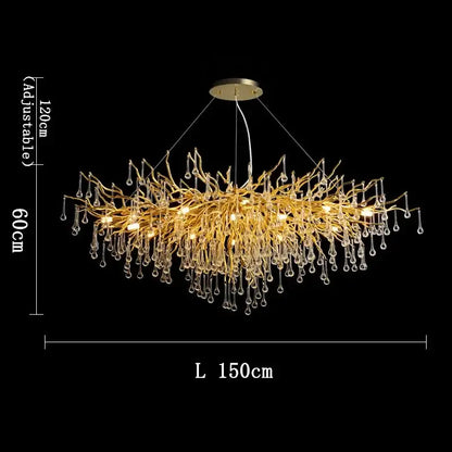 Golden branch crystal chandelier with gold-toned intricate arms and dangling crystal droplets for living room decorbites golden branch