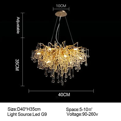 Golden crystal chandelier with branch-like design and dangling crystal droplets for living room luxury lighting