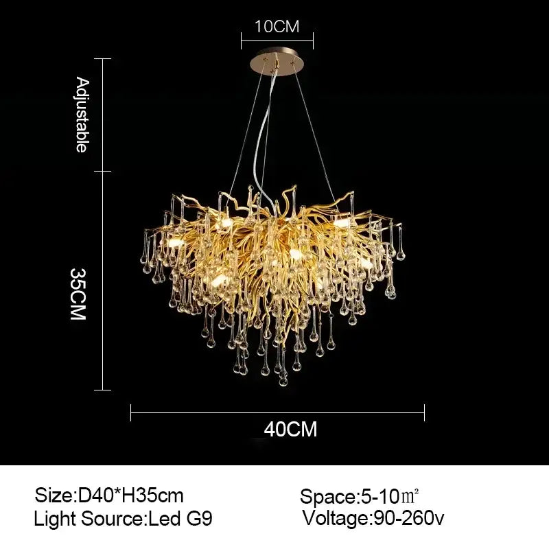 Golden crystal chandelier with branch-like design and dangling crystal droplets for living room luxury lighting