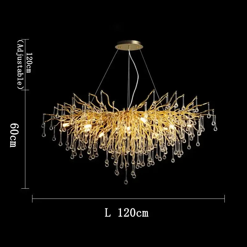 Golden branch crystal chandelier with dangling crystal droplets for living room luxury lighting by decorbites golden branch