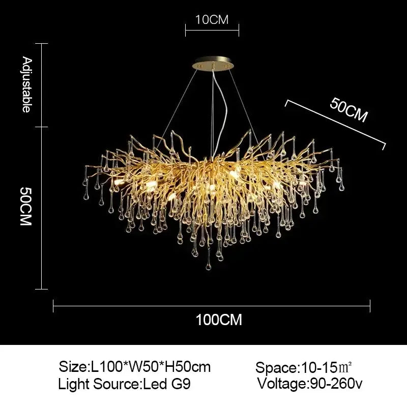 Golden branch crystal chandelier with dangling crystal droplets in gold for living room luxury lighting