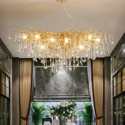Golden branch crystal chandelier with dangling crystal droplets for luxury living room lighting